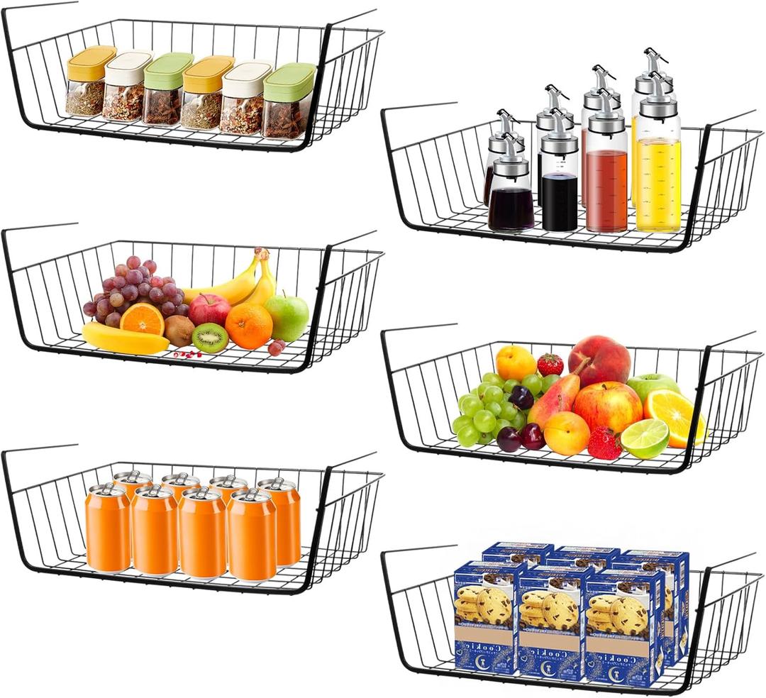 6 Pcs Undershelf Storage Basket Under Shelf Wire Basket Household Metal Under Shelf Hanging Storage Bin Basket Slides Under Shelves for Kitchen Pantry Bookshelf - 14.2" D x 9.1" W x 5.5" H, Black