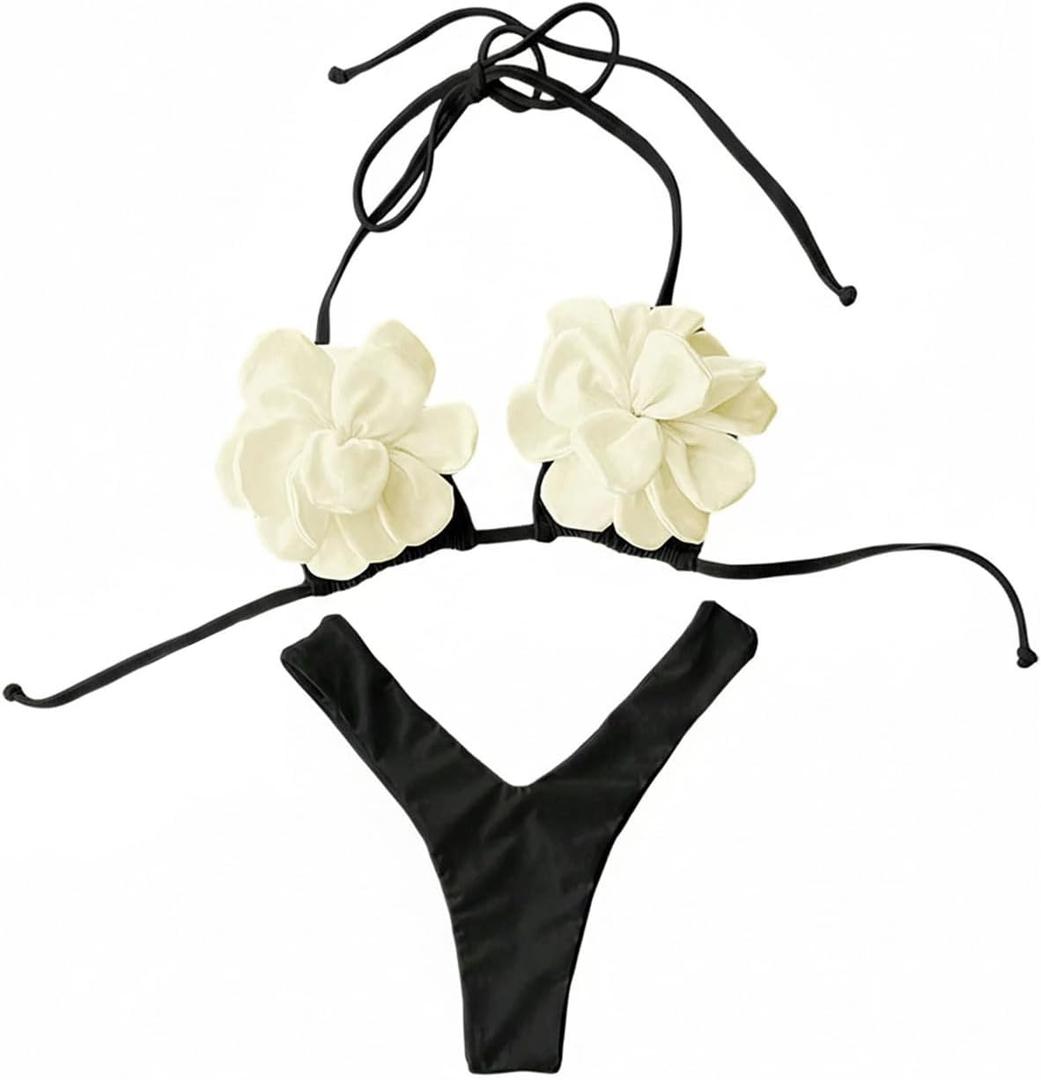 Verdusa Women's 2 Piece 3D Floral Halter Bikini Sets String High Cut Thong Bathing Suits (Black, XS)
