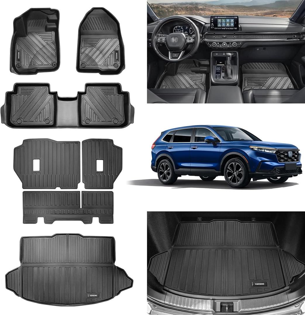 Car Floor mats & Cargo Liner and Backrest Mat Full Set Compatible for Honda CRV 2025 2024 2023 All-Weather Rubber Mat Protector Non-Hybrid Black.(Cargo Tray in Lowest Position)