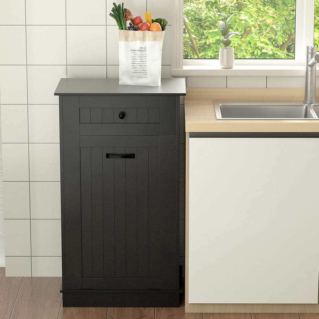 10 Gallons Tilt Out Trash Cabinet, Wooden Garbage Can Cabinet for Kitchen, Tilt Out Laundry Hamper Cabinet, Dog Proof Trash Cabinet Can Free Standing Holder, Black