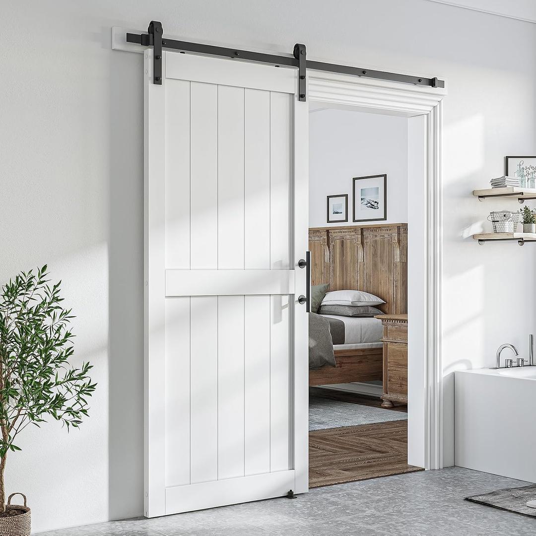 SMARTSTANDARD 34" x 80" White Sliding Barn Door with 6FT Black Hardware