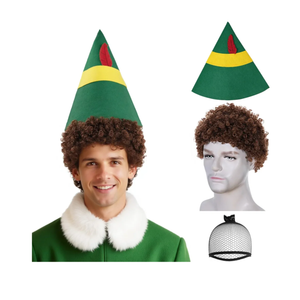 JoneTing Christmas The Elf Wig【+Hair Cap with Hat】Short Brown Curly Wigs for Men Afro Wigs Hat Brown Afro Hairs 70s Disco Costume Hair for Halloween Christmas Cosplay Party Costume Outfit Accessories