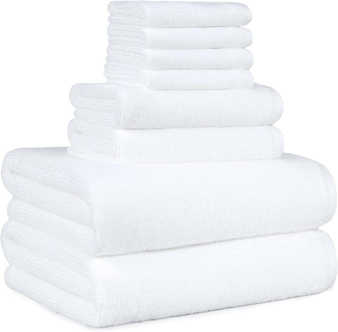 Amazon Basics 100% Cotton Soft Quick-Dry 8-Piece Towel Set, Bath Towels, Hand Towels, Washcloths, White, Compact & Lightweight