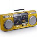 aiwa Retro Boombox CD Player with Cassette Recording, Bluetooth 5.0, FM/AM Radio, USB/SD/AUX Inputs, VU Meters, LCD Display, Dual 40W Speakers - Yellow
