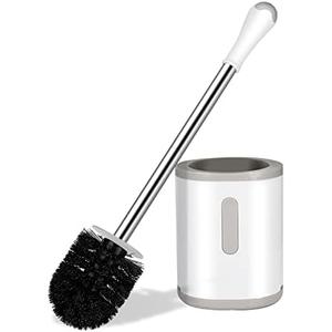 AONEZ Compact Toilet Brush & Holder, Stainless Steel Handle, Space Saving for Storage, Deep Cleaning, Drip-Proof, Easy to Assemble, Nylon Bristles, White & Grey