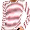 LilyCoco Women's Striped Shirt Long Sleeve Color Block Top Crewneck Fitted Tee Red Medium