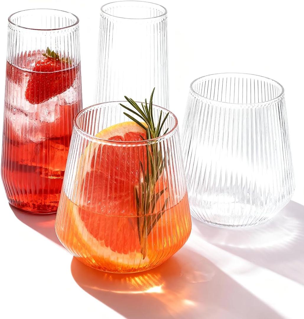 BESTSTAR 48 Pack Disposable Ribbed Origami Ripple Plastic Glasses Set - 24 9 OZ Stemless Champagne Flutes & 24 12OZ Cups, BPA-Free Shatterproof Clear Drinkware for Weddings, Parties & Events (Clear)