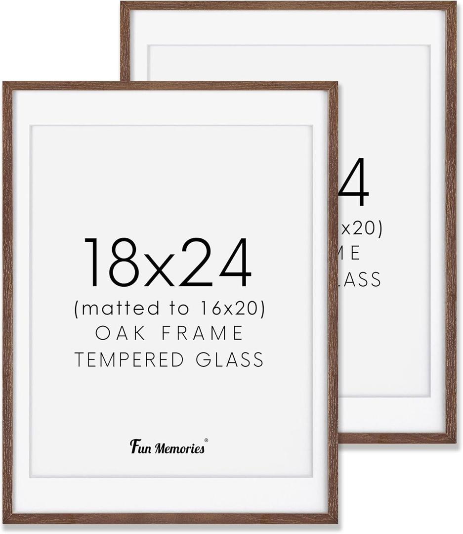 18x24 Picture Frame, 18 by 24 Oak Wood Frames, Minimalist Wooden 18 x 24 Poster Frames, Tempered Glass, 18"x24" Frame with Mat, Walnut Color, 1 Pack 