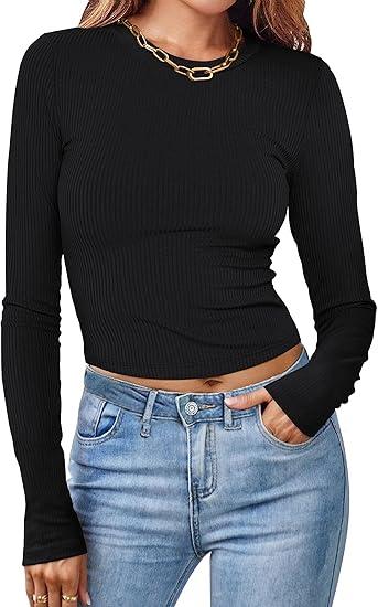 MEROKEETY Women's Long Sleeve Square Neck Crop Top Ribbed Slim Fitted Y2K Casual T-Shirt Tops Size S