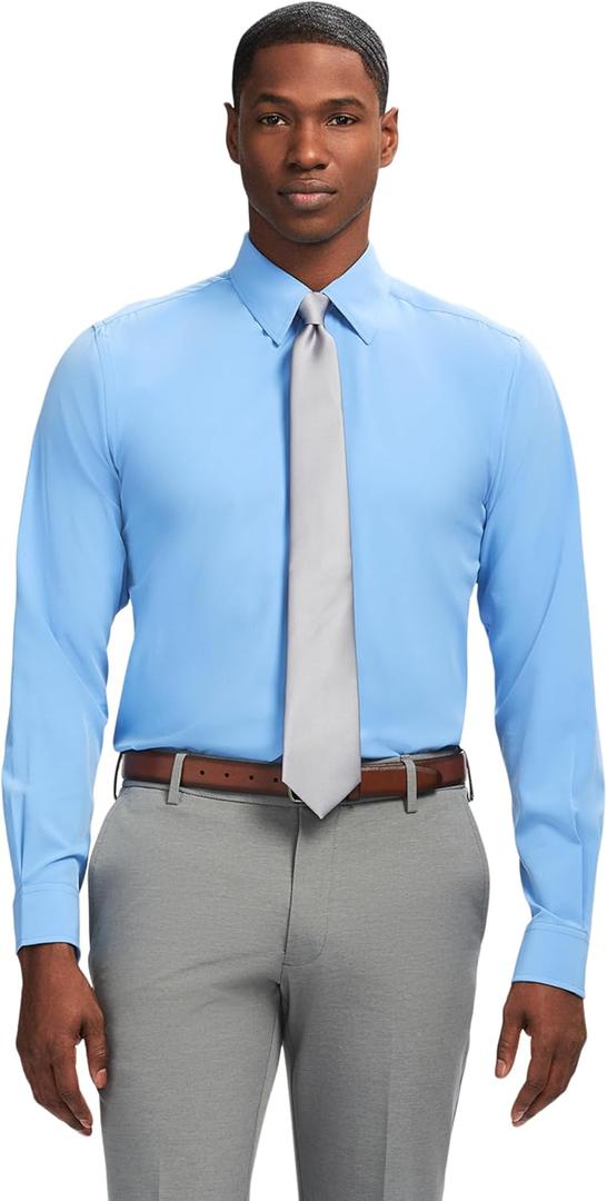 Izod Men's Dress Shirt Slim Fit Traveler Long Sleeve All Over Stretch Classic Collar (14"-14.5" Neck 32"-33" Sleeve, Cornflower Blue)