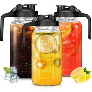 Mason Jar Pitcher with Pour Spout Handle Lid - 3PCS 64OZ Wide Mouth Glass Pitchers with Airtight Seal, Heavy Duty for Breastmilk, Cold Brew Coffee, Iced Tea, Fruit Tea