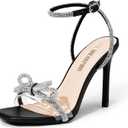 DREAM PAIRS Women's Double Bowknots Crystal Sandals Clear Slingback Heels Square Toe Shoes for Party Wedding (7.5, Black)