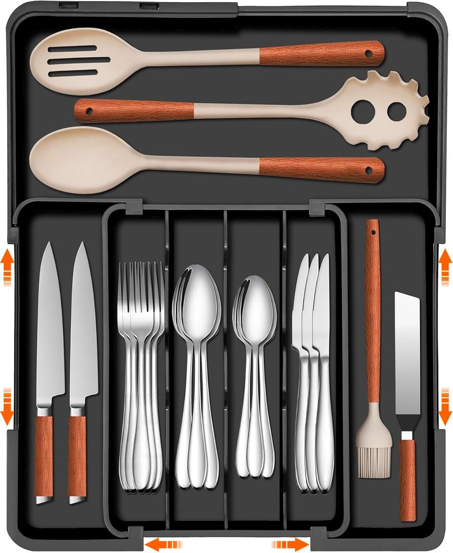 Spaclear Silverware Organizer - Expandable Kitchen Drawer Organizer, Utensil Drawer Organizer, Adjustable Plastic Flatware and Cutlery Holder, Kitchen Organizers Storage for Forks Knives, Black (M(9.5-15.2"w x 12.6-19"d))