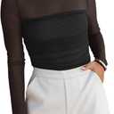 REORIA Womens Trendy Sexy Mock Turtle Neck Long Sleeve Sheer Mesh Ruched Going Out Bodysuits Tops (Small, Black)