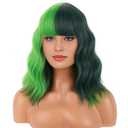 BERON 14 Inches Mix Green Wig with Bangs Short Curly Wig Dark Green Mix Light Green Curly Wigs for Women Daily Party or Cosplay Hairnet Include