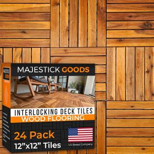 Interlocking Deck Tiles Snap Together Wood Flooring - 12 x 12 Acacia Hardwood Outdoor Flooring for Patio - Click Floor Decking Tile, Water Resistant Balcony Flooring, Wooden Parquet Flooring 24 Sq Ft, 24 Pcs