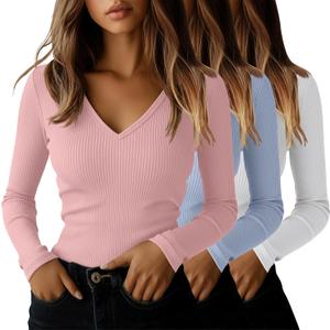 Ficerd 3 Pack Women's Long Sleeve T Shirts Cotton V Neck Slim Fit Tops Ribbed Knit Layering Casual Basic Tees Fall (Large)