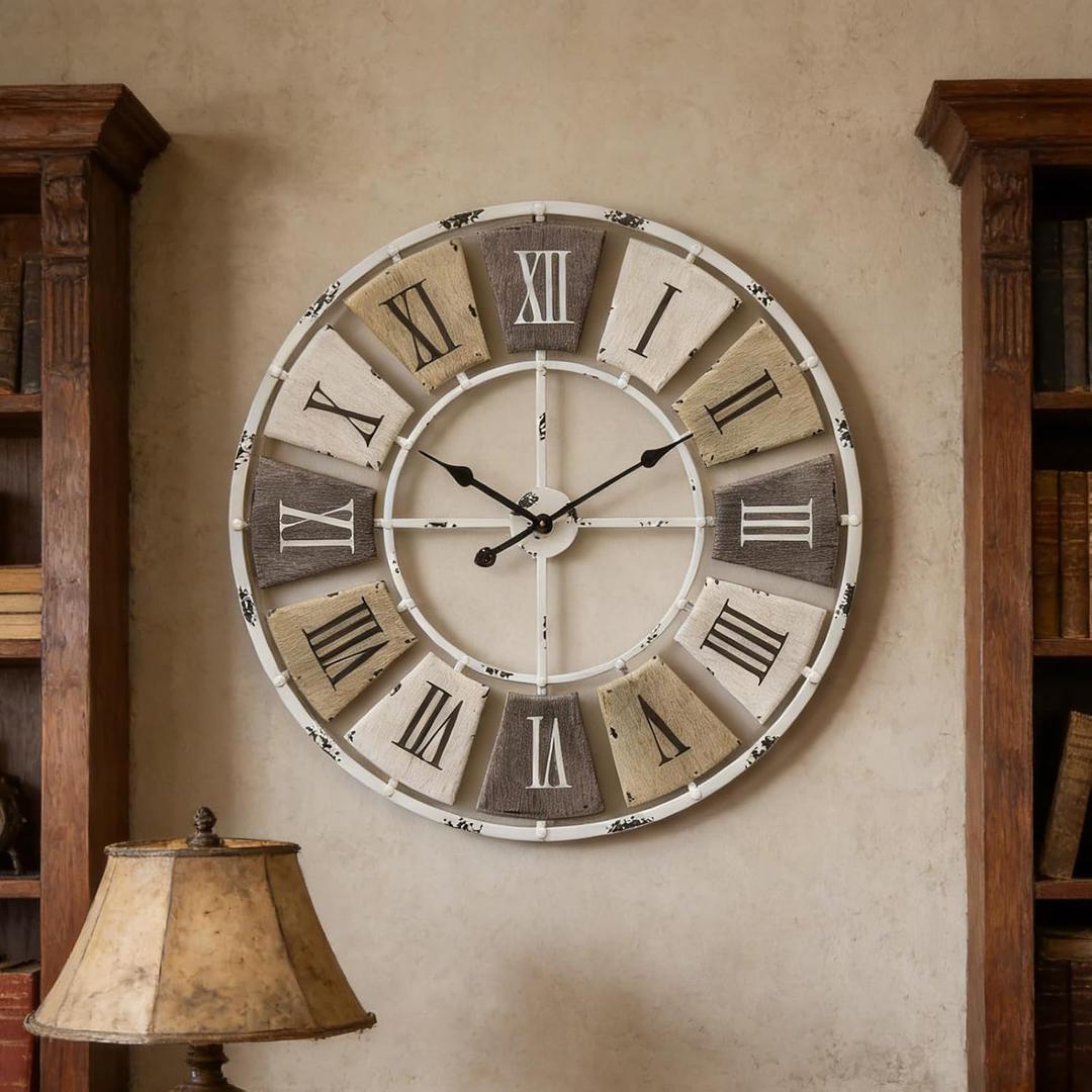 Distressed Metal Wall Clock 24 Inch, Industrial Vintage Roman Numerals, Weathered Iron Frame Farmhouse Office Cafe Decor