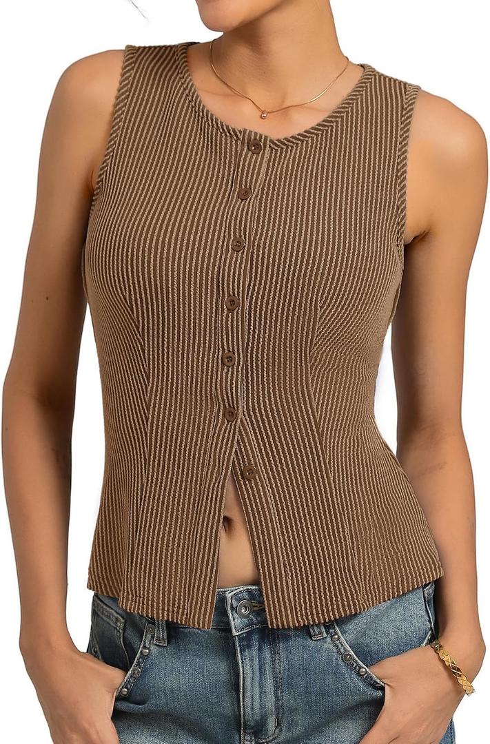 Kate Kasin Women Summer Going Out Tank Tops Y2K, Button Up Sleeveless Top, Ribbed Knit Sweater Vest Trendy (XL)