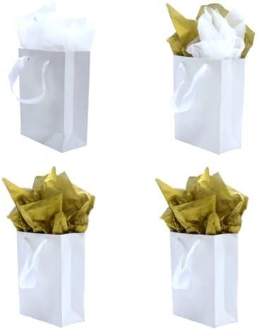 JUNESHE 4 Pack Small White Gift Bags with Tissue Paper,7.8 inch Mini Tiny Little Paper Bag for Birthday Party Favors Baby Bridal Shower Shopping Presents Wedding