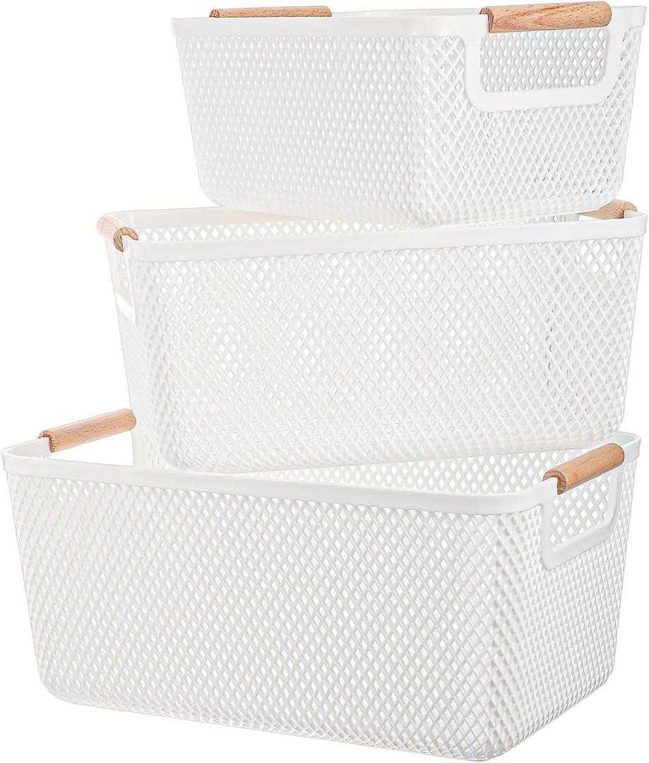 3 Pcs Plastic Metal Mesh Baskets with Wood Handle, Plastic Wire Baskets for Pantry, White Wire Countertop Basket, Cabinet Pantry Closet Bedroom Kitchen(3 Size)