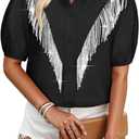MYMORE Womens 2025 Western Cowgirl Rhinestone Fringe Shirt Blouse Sparkly Puff Short Sleeve Button Down Shirt Jacket Dolly Costume Parton Nashville Cowboy Rodeo Country Concert Outfit Costume Black XL