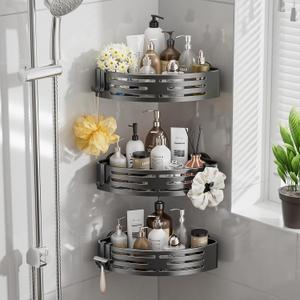 Corner Shower Caddy Suction Cup,Shower Shelves with Hooks,No Drilling Powerful Suction Bathroom Organizers and Storage,Removable Waterproof Rustproof Shower Bathroom Accessories Decor(Grey 2Pack)