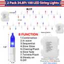 2 Pack 100 LED 38.4FT Red White and Blue Lights Battery Operated, 8 Modes with Timer, Patriotic Indoor/Outdoor Party Decor for Memorial Day & Independence Day 4th of July Decor