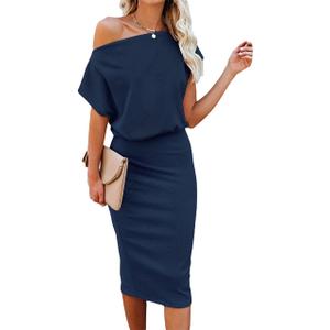 Ezbelle Women's 2025 Summer Dress Off The Shoulder Short Sleeve Ribbed Casual Party Bodycon Midi Dresses (Navy Blue)
