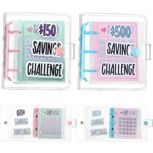 2 Pcs Mini Money Savings Binder Saving Challenge Binder Money Book Saver with Cash Envelopes Reusable Budget Book (500 Dollar,150 Dollar,Pink Blue)