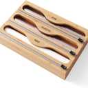 Wrap Dispenser with Cutter and Labels, Plastic Wrap Organizer For Kitchen,Bamboo 3-in-1 Wrap Dispensers for Cling Wrap Aluminum Foil and Wax,Storage Organization HolderNatural