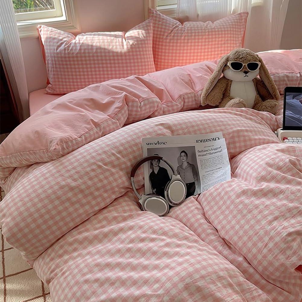 Nayoroom Gingham Duvet Cover Queen Size Reversible Pink Plaid Checkered Duvet Cover 3 Pieces Soft Breathable Washed Microfiber Girls Dorm Bedding Set for All Seasons