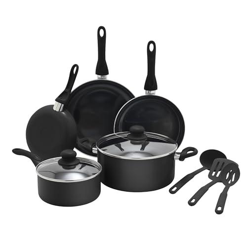 GreenLife Essentials 10 Piece Cookware Set, Healthy Ceramic Nonstick Pots, Frying & Sauce Pans, PFAS & PFOA Free, Dishwasher Safe, Even Heating, Versatile Kitchen Essentials, Black
