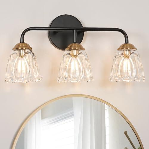 Vintage 3 Light Vanity Light, Black and Gold Bathroom Vanity Light Fixtures, Bathroom Light Fixtures with Glass Shade, Antique Vanity Light Fixtures Over Mirror, Wall Sconce for Bedroom, Living Room