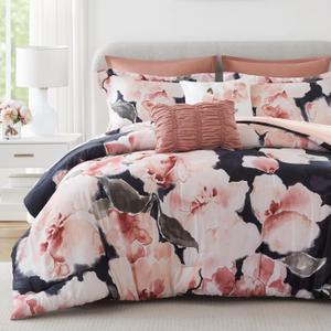 Madison Park 7-Piece Comforter Set, Floral Print, Breathable & Smooth Cotton Sateen Bedding with Euro Shams, Queen, Blush