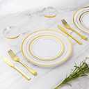 Goodluck 600 Pieces Gold Disposable Plates for 100 Guests, Plastic Plates for Party, Dinnerware Set of 100 Dinner and 100 Dessert Plates, 100 Spoons, 100 Forks, 100 Knives, 100 Cups