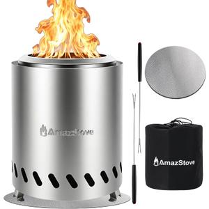 9.7 x 7.1 Inch Tabletop Fire Pit by AmazStove, Low Smoke Camping Stove for Outdoor Safe Burning Firepits, Fueled Pellets or Wood, Travel Bag Included (Silver, 9.7 x 7.1 INCH)