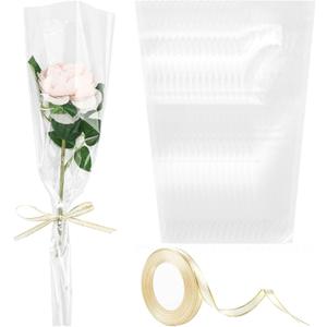 Hipruict 100 Pcs Single Flower Sleeve, Clear Floral Bags For Bouquets with Ribbon, Single Rose Packaging for Wedding, Birthday, Mothers Day, Valentines Day