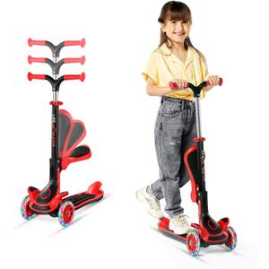 3 Wheel Scooter for Kids with Foldable Seat, Adjustable Handlebar Height, Lean-to-Steer Ride On Toy for Kids Ages 2+, Light-Up LED Wheels, Wide Anti Slip Deck, Indoor & Outdoor Use (Red)