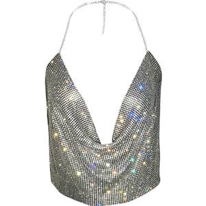 Women Sexy Sparkly Halter Neck Rhinestone Crop Top Deep V Tank Top Backless Body Chain Dance Festival Rave Club Outfits