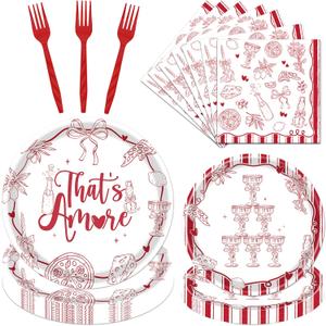 Thats Amore Party Decorations - 96 PCS Red Pizza and Wine Theme Disposable Plates Napkins and Forks Dinnerware, Wedding Engagement Party Tableware Supplies Serve 24