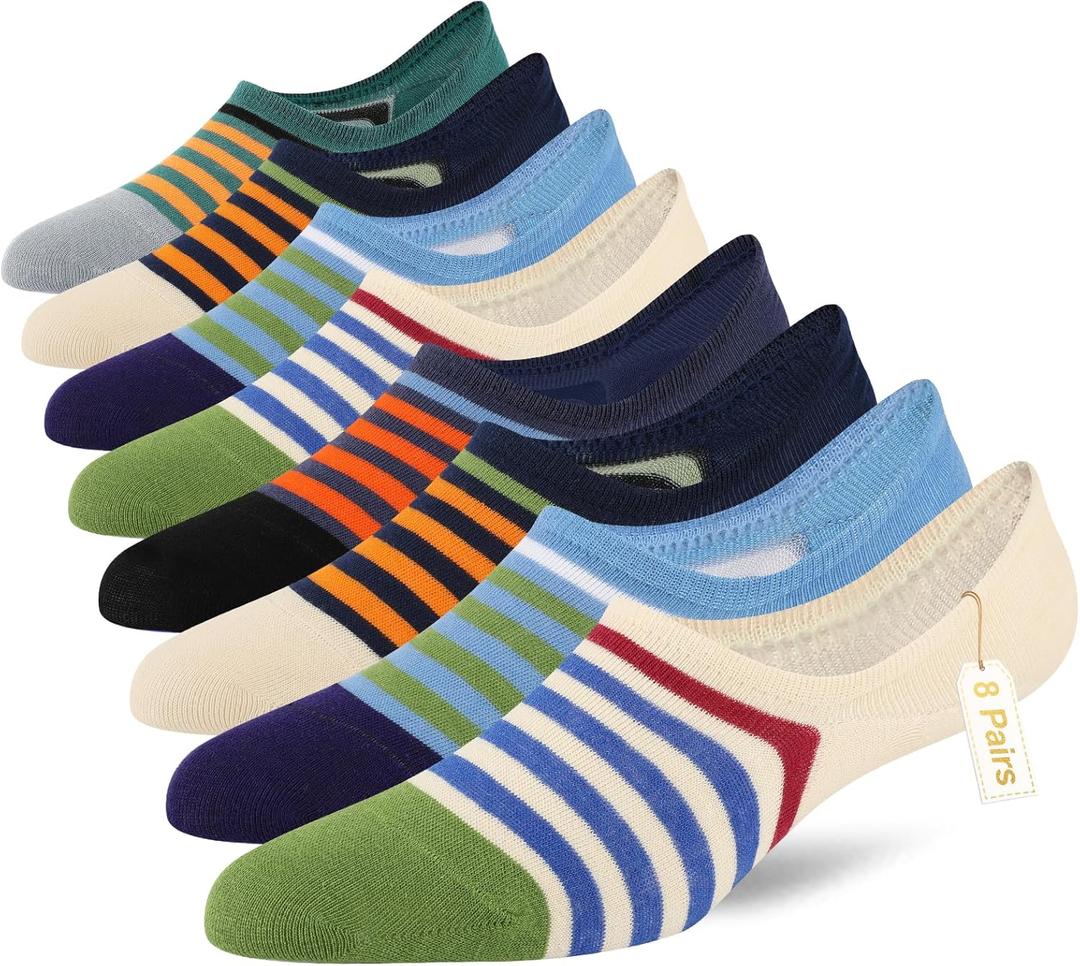 COOPLUS Mens No Show Socks Cotton Low Cut Non Slip Casual Socks Invisible Flat Boat Socks (8 Pairs) (One Size)