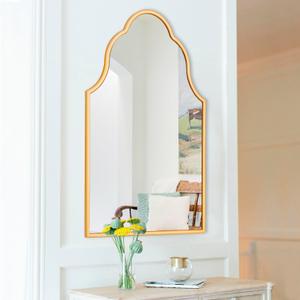 Chende Gold Bathroom Mirror with Wooden Frame, 36"X24" Arched Mirror for Living Room Decor, Modern Scalloped Mirror for Entryway, Dining Room, Bedroom
