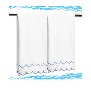 2 Pcs Scalloped Hand Towels 100% Cotton Fingertip Towels for Bathroom 15.75 x 27.56 Inch 600 GSM Cute Soft Absorbent Embroidered Decorative for Home Hotel(Blue,Classic)