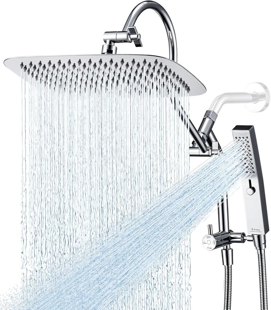 G-Promise All Metal 12 Inch Shower Head with Massage Mode Handheld, Rain Shower Head with Handheld Spray Combo, 3-Way Diverter with Pause Setting, 13 Inch Adjustable Extension Arm (Polished Chrome)