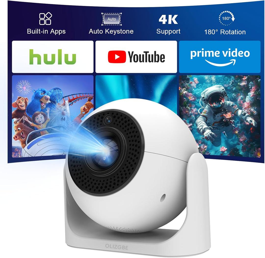 Mini Projector with WiFi and Bluetooth, 4K Support 180 Rotation, Auto Focus & Keystone Portable Projector with Built-in Apps and Speaker, Home Movie Projector Compatible with TV Stick/Phone/Laptop (White ball)