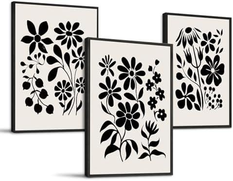 SERIMINO Black and White Wall Art Framed Bedroom Decor Aesthetic, Botanical Floral Canvas Wall Art for Living Room Boho, Set of 3 Flower Market Prints Farmhouse Wall Decor, 16 x24 inch