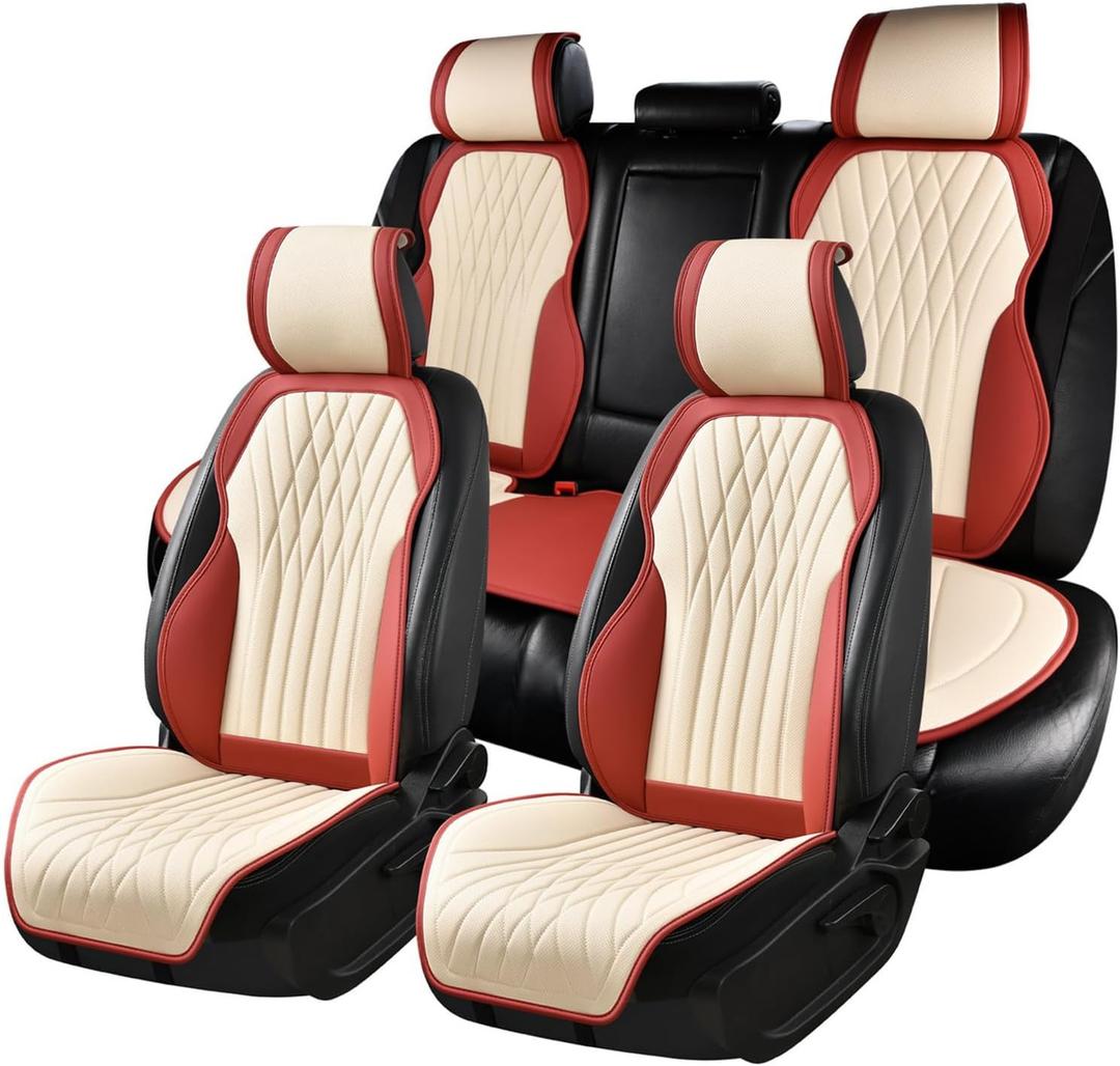 BWTJF Car Seat Covers, Front and Rear Seat Protector for Cars Waterproof Non-Slip, Leather Seat Protector Universal Fit for Suvs,Vans,Trucks (WineRed&White, Full Set)