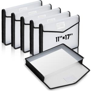 AmazingSpark 6 Pcs 11 x 17 Inch Expandable Tabloid Size Document Folder Organizers with Snap Closure & Label, Clear Plastic Expanding File Folder for A3 Ledger Size Plots Charts (Black)