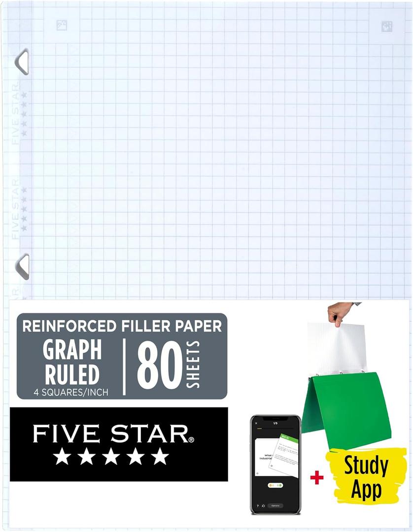2 x Five Star Loose Leaf Paper + Study App, Graph Ruled Filler Notebook Paper, Reinforced, Fights Ink Bleed, 8-1/2" x 11", 80 Sheets (170122)